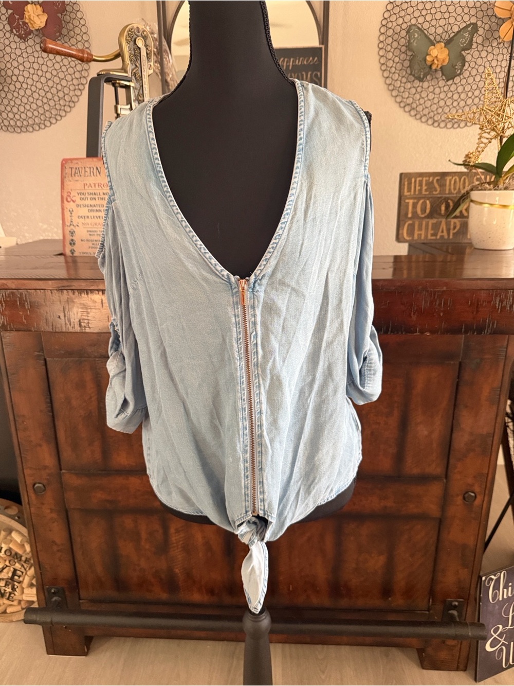 Bebe Cold Shoulder Chambray Blouse